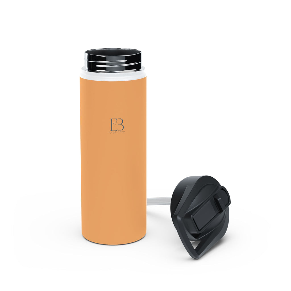 Matte orange-gold water bottle with black lid detached; shows E3 on bottle