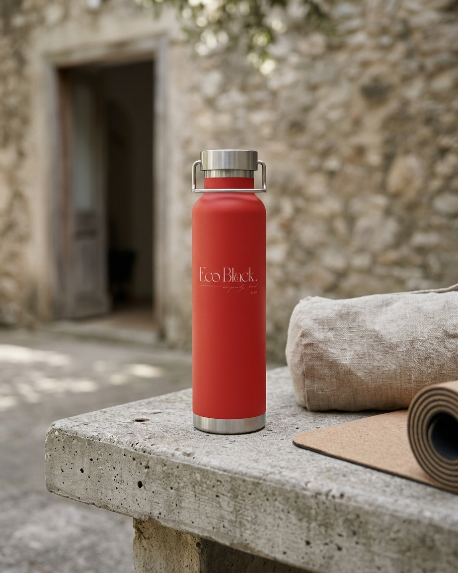 Red stainless water bottle with flip-top lid, silver rim, and carry handle