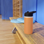 Matte gold insulated water bottle with black sports lid, side view