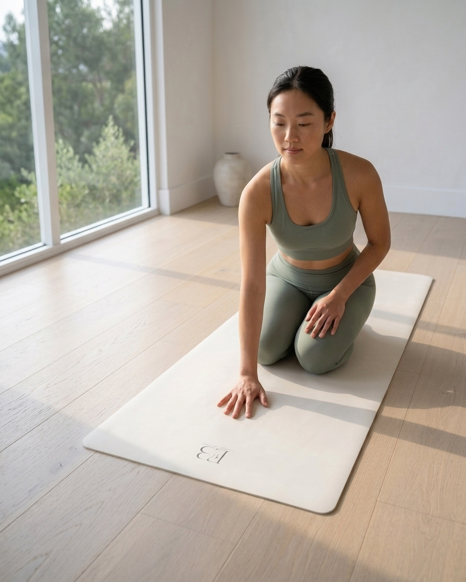 Cream natural rubber yoga mat with EB logo, person kneeling with hands down