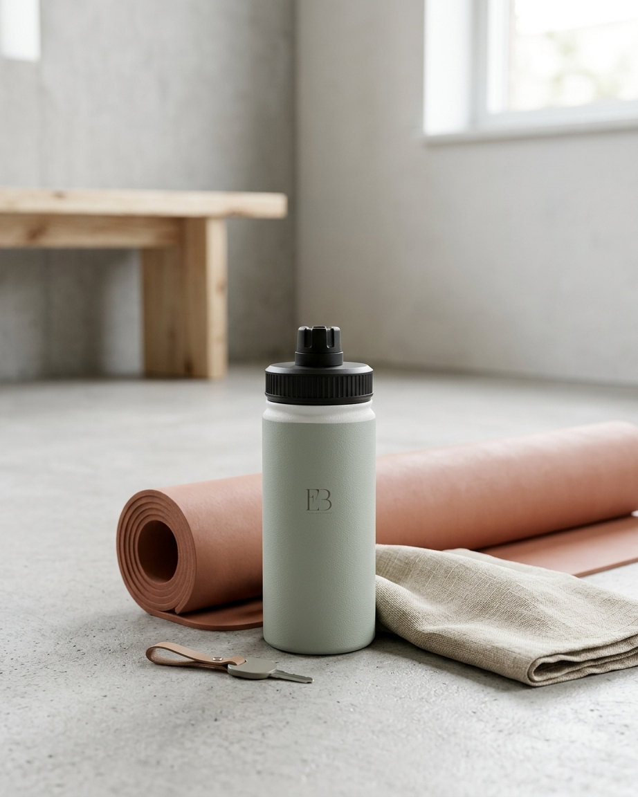 Sage insulated water bottle with black lid, standing on countertop beside rolled cloth