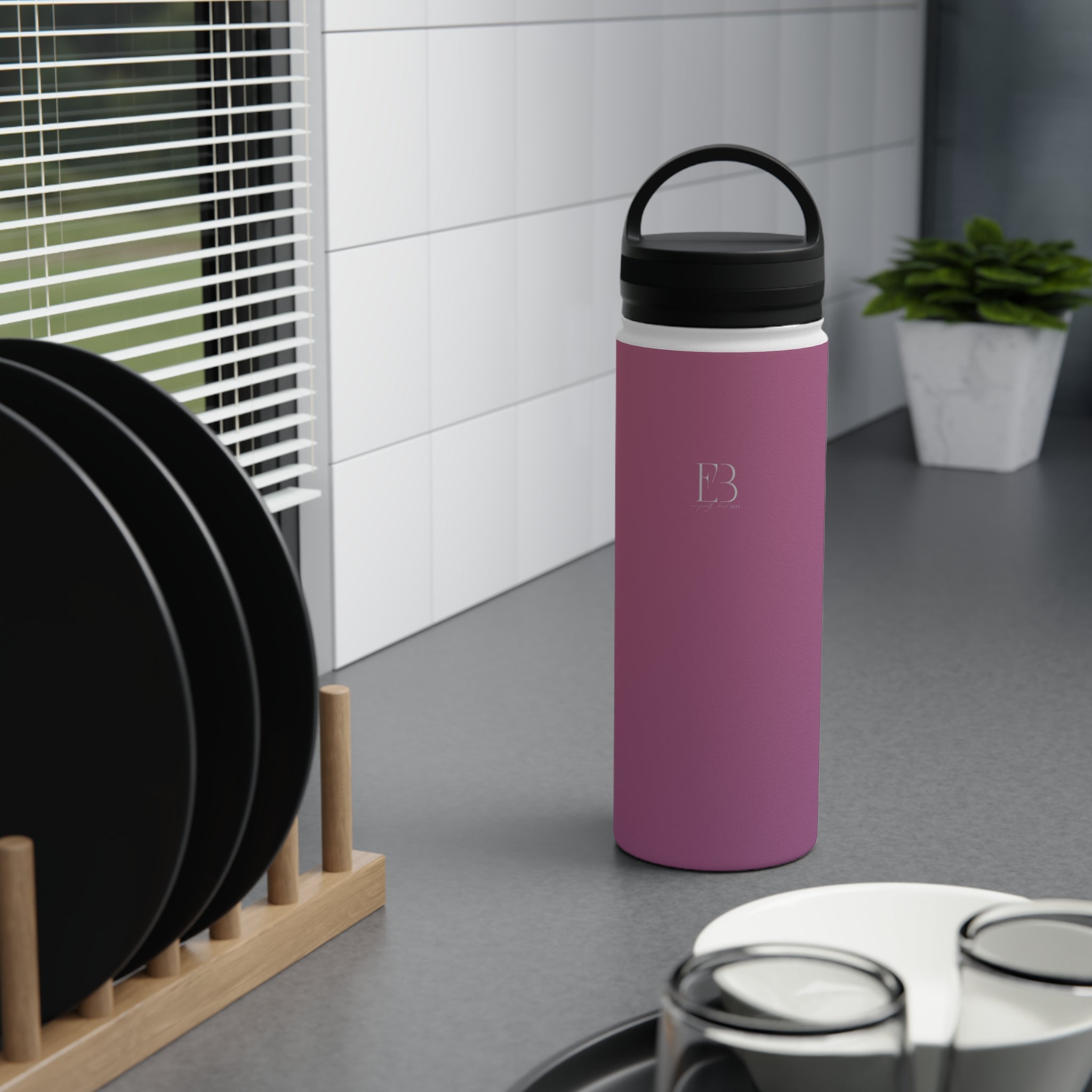 Rose orchid insulated stainless steel water bottle with black carrying-handle lid