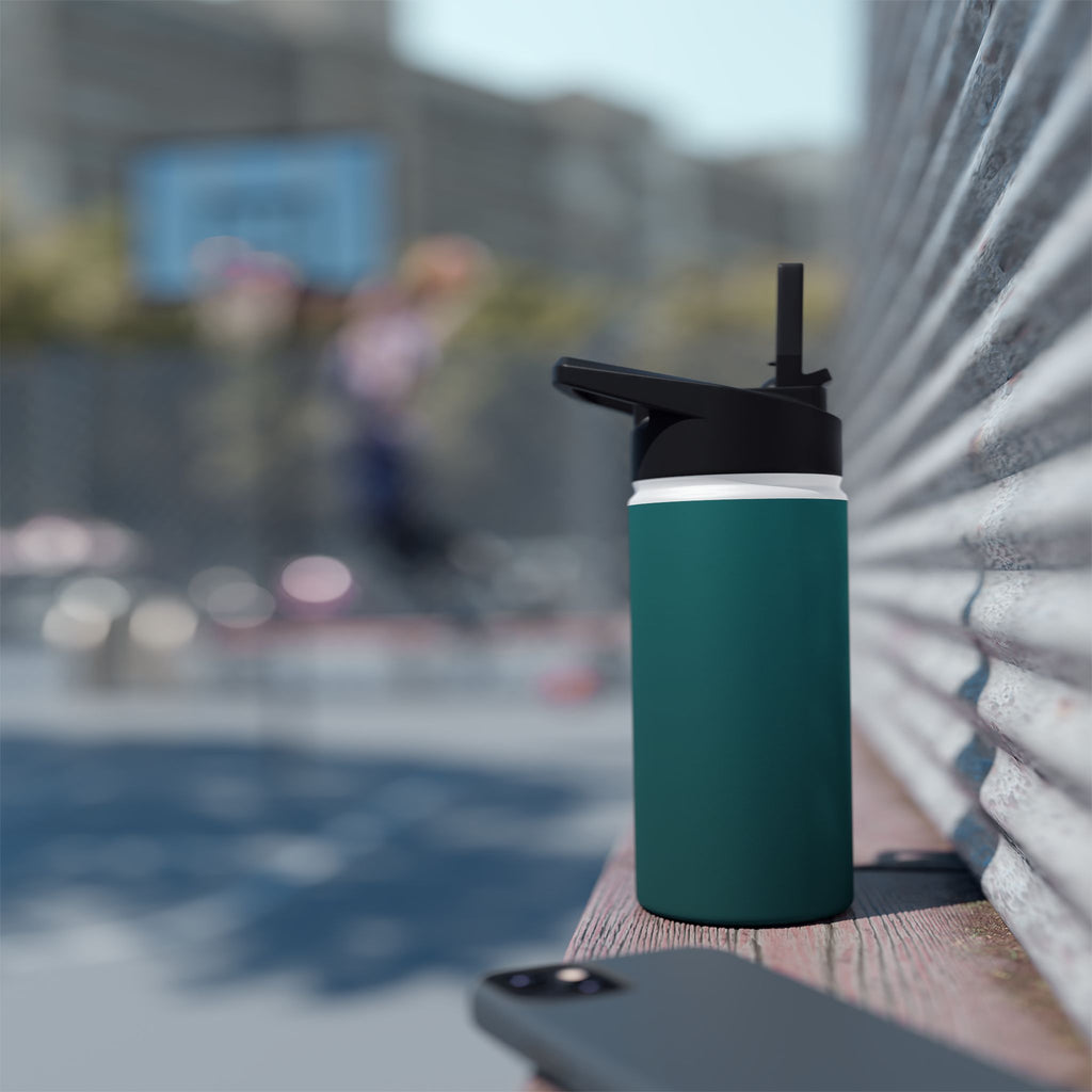 Deep teal matte stainless steel water bottle with open black sports lid on the go.