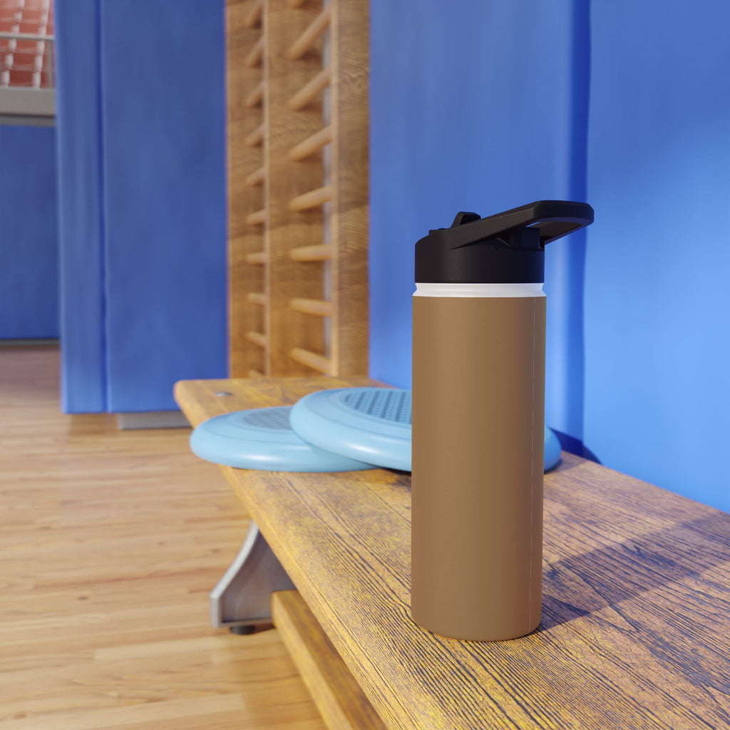 Sandstone insulated stainless steel water bottle with black sports lid on table