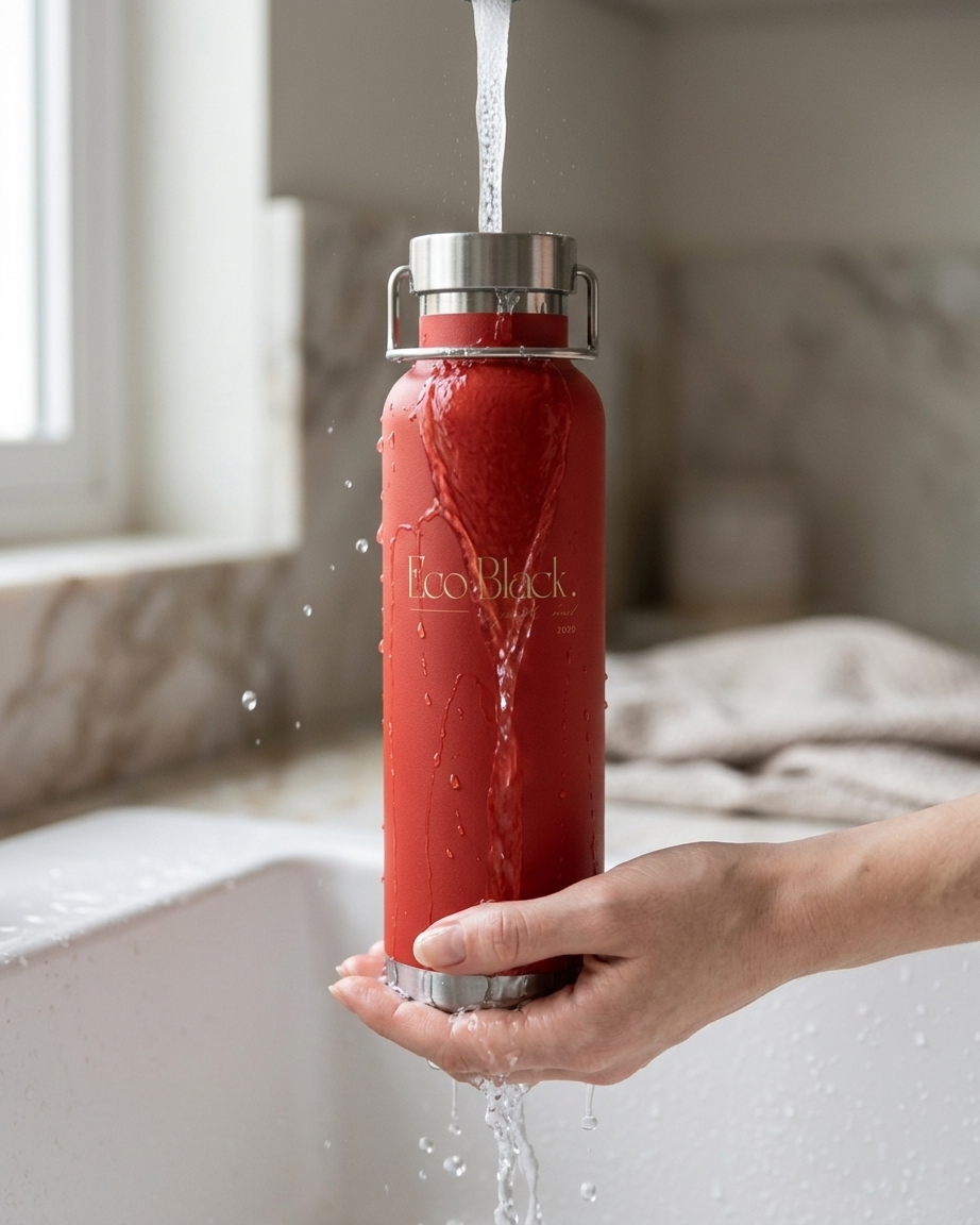 Red water bottle with silver cap being filled with water from a faucet.