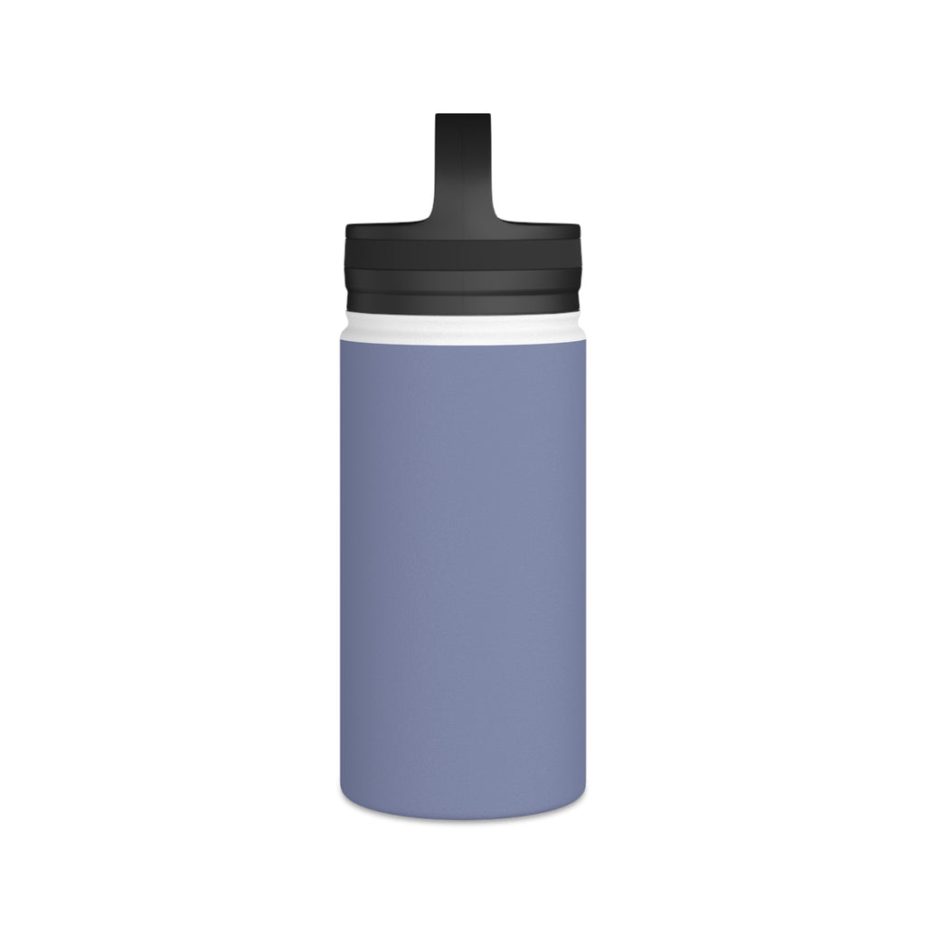 Insulated stainless steel water bottle in pale iris with black-top opening