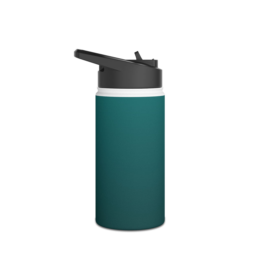 Deep teal matte stainless steel water bottle with black sports lid open for drinking.