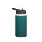 Deep teal matte stainless steel water bottle with black sports lid open for drinking.
