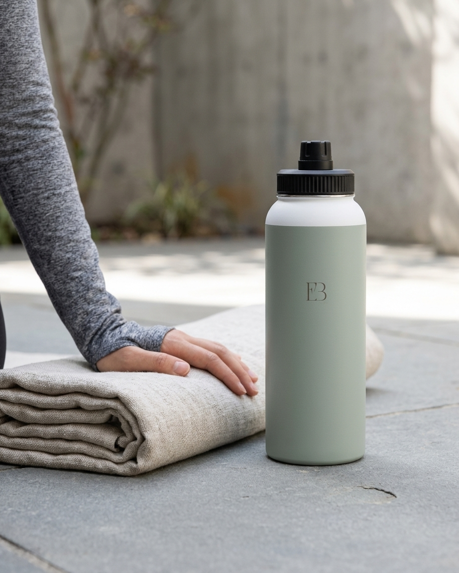 Sage insulated stainless steel water bottle with black threaded lid, standing upright