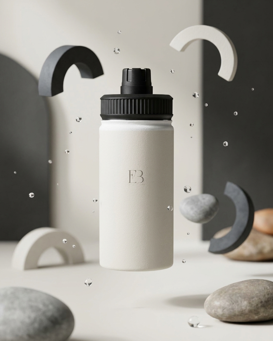 A matte off-white insulated water bottle with a black screw cap and a debossed monogram 'EB' on the front, shown floating in a styled studio scene with gray and white geometric props and stones.