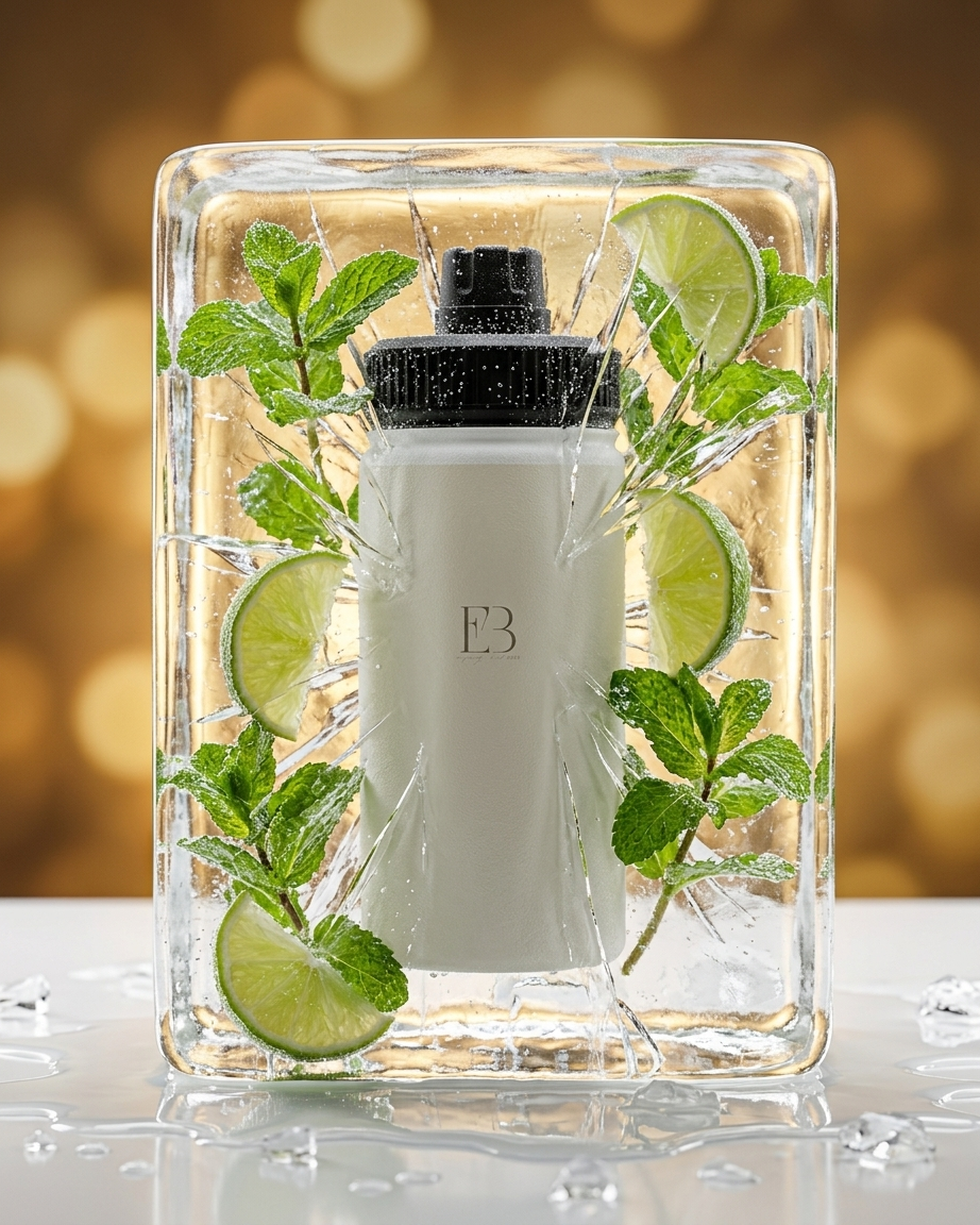 A white cylindrical bottle with a black cap and a monogram 'EB' on the front, presented inside a clear square block of ice with mint leaves and lime slices, against a warm golden bokeh background.