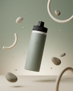 Sage insulated water bottle with black lid, water droplets floating around