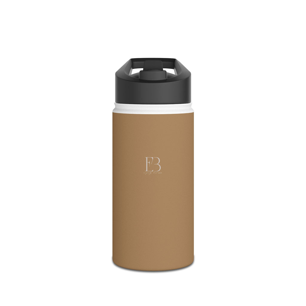 Sandstone matte stainless steel water bottle with black lid and central logo