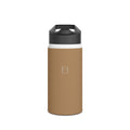 Sandstone matte stainless steel water bottle with black lid and central logo