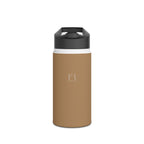 Sandstone matte stainless steel water bottle with black lid and central logo