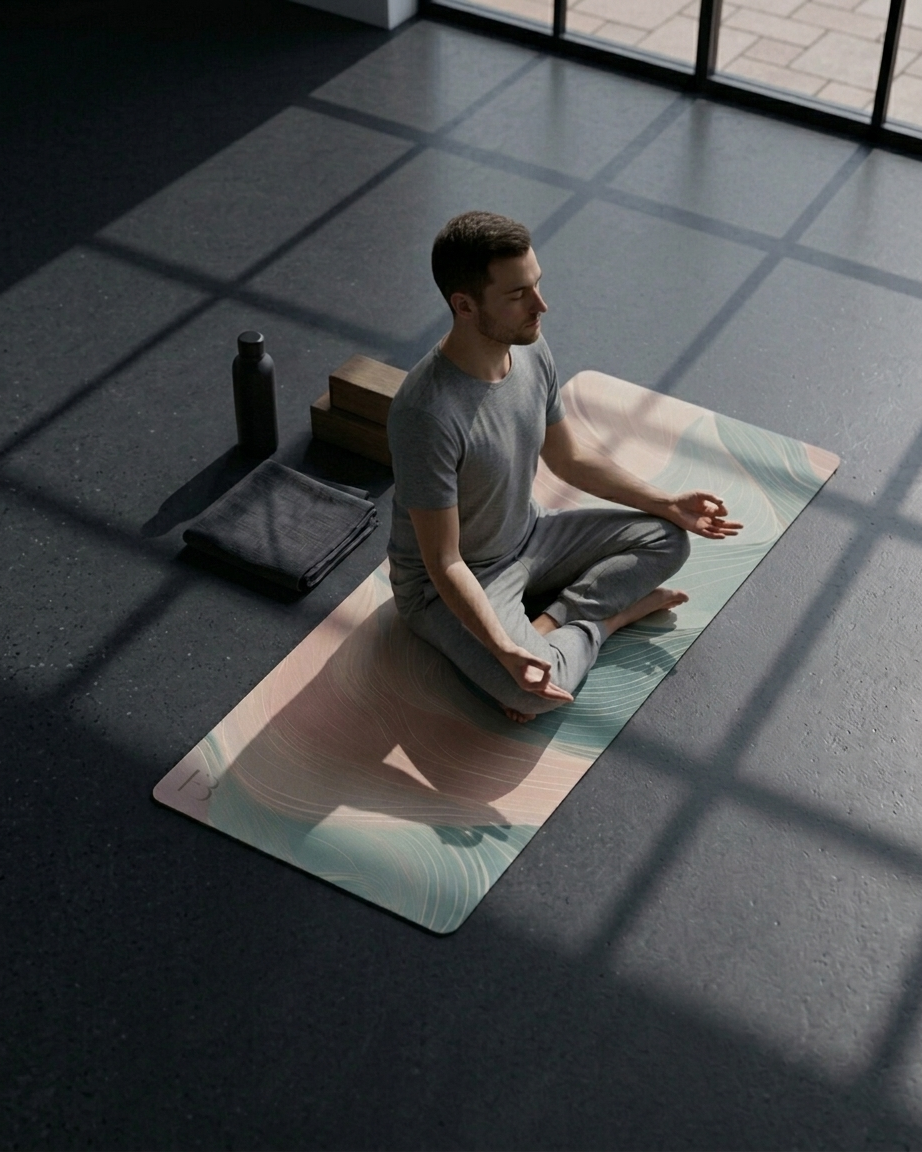 Yoga mat with pastel wave pattern in pink, teal, and cream on a concrete floor