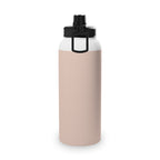 Blush insulated stainless water bottle with black lid and rectangular carry handle