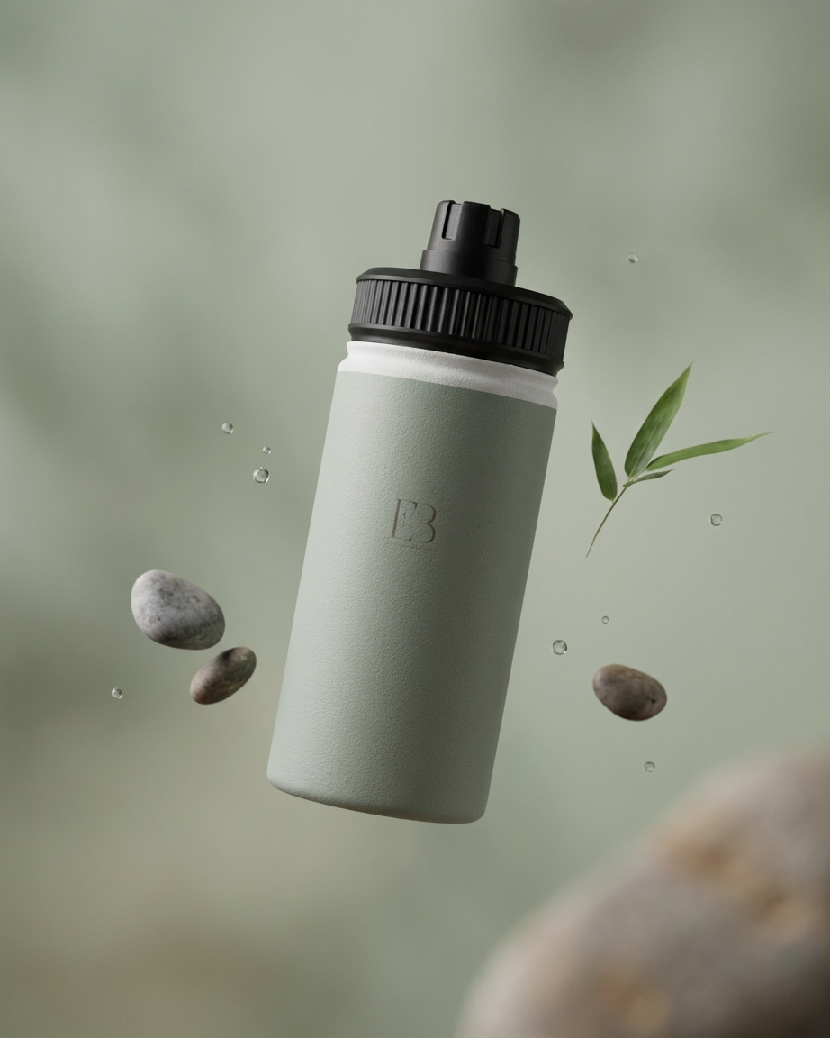 Sage insulated stainless steel water bottle with black screw lid, embossed EB logo