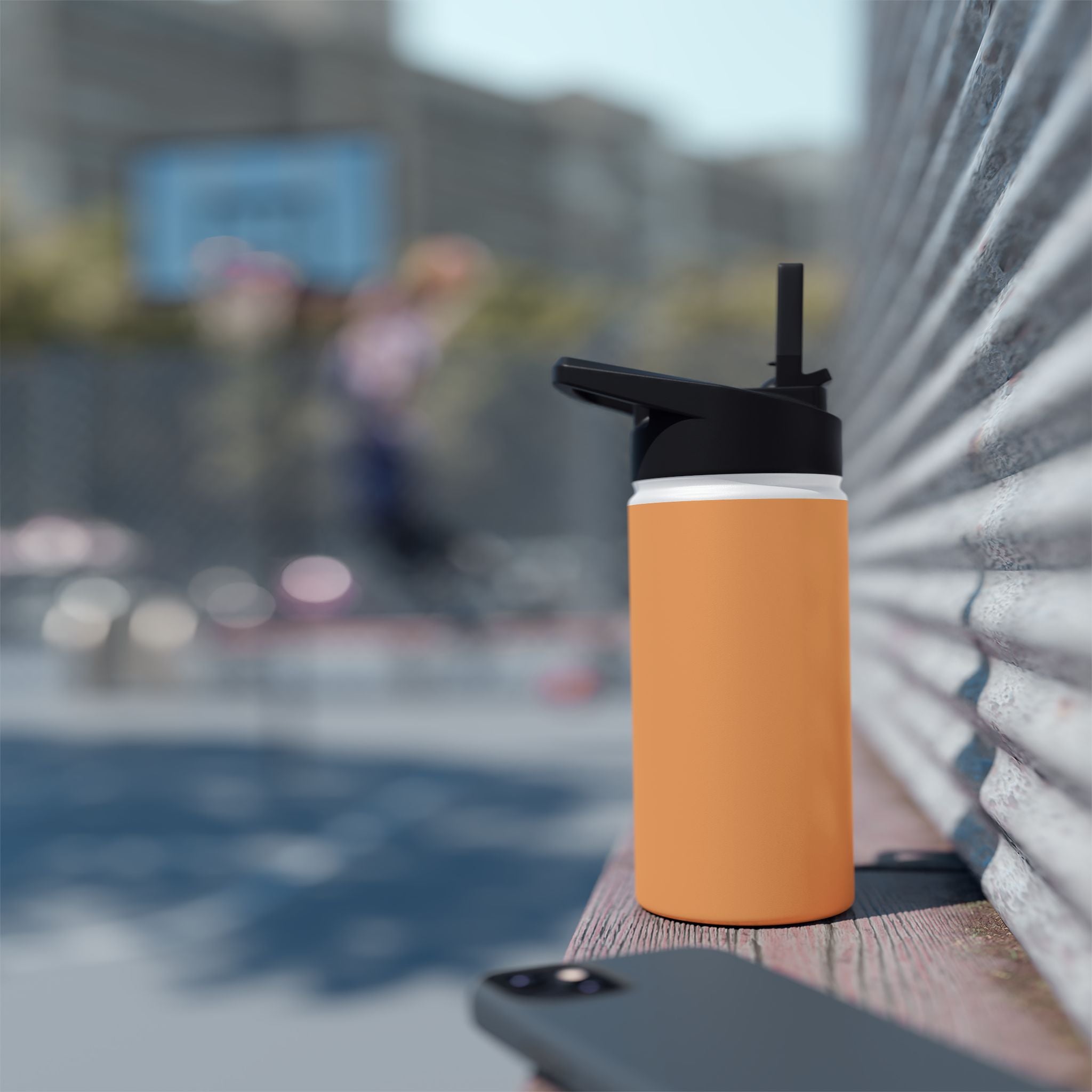 Matte gold insulated water bottle with black open sports lid