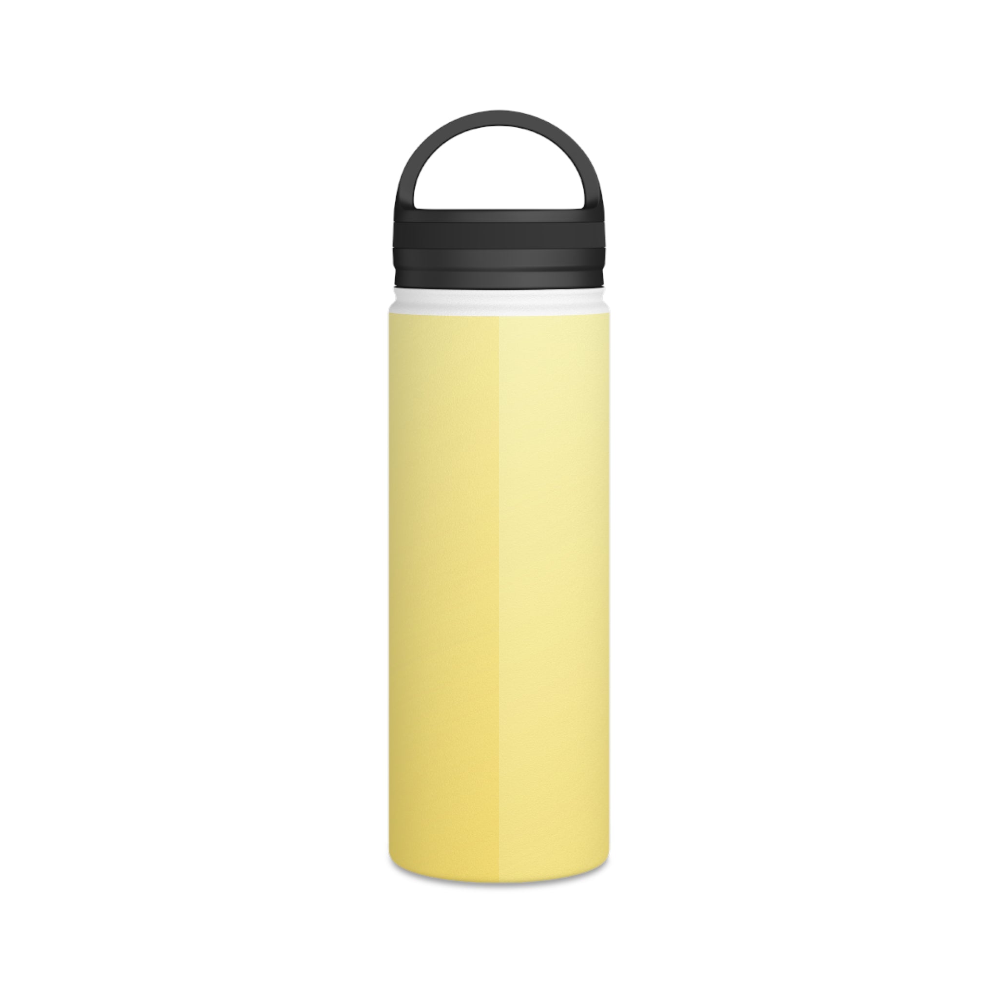Insulated water bottle in lemon yellow with black flip-top lid and carrying handle