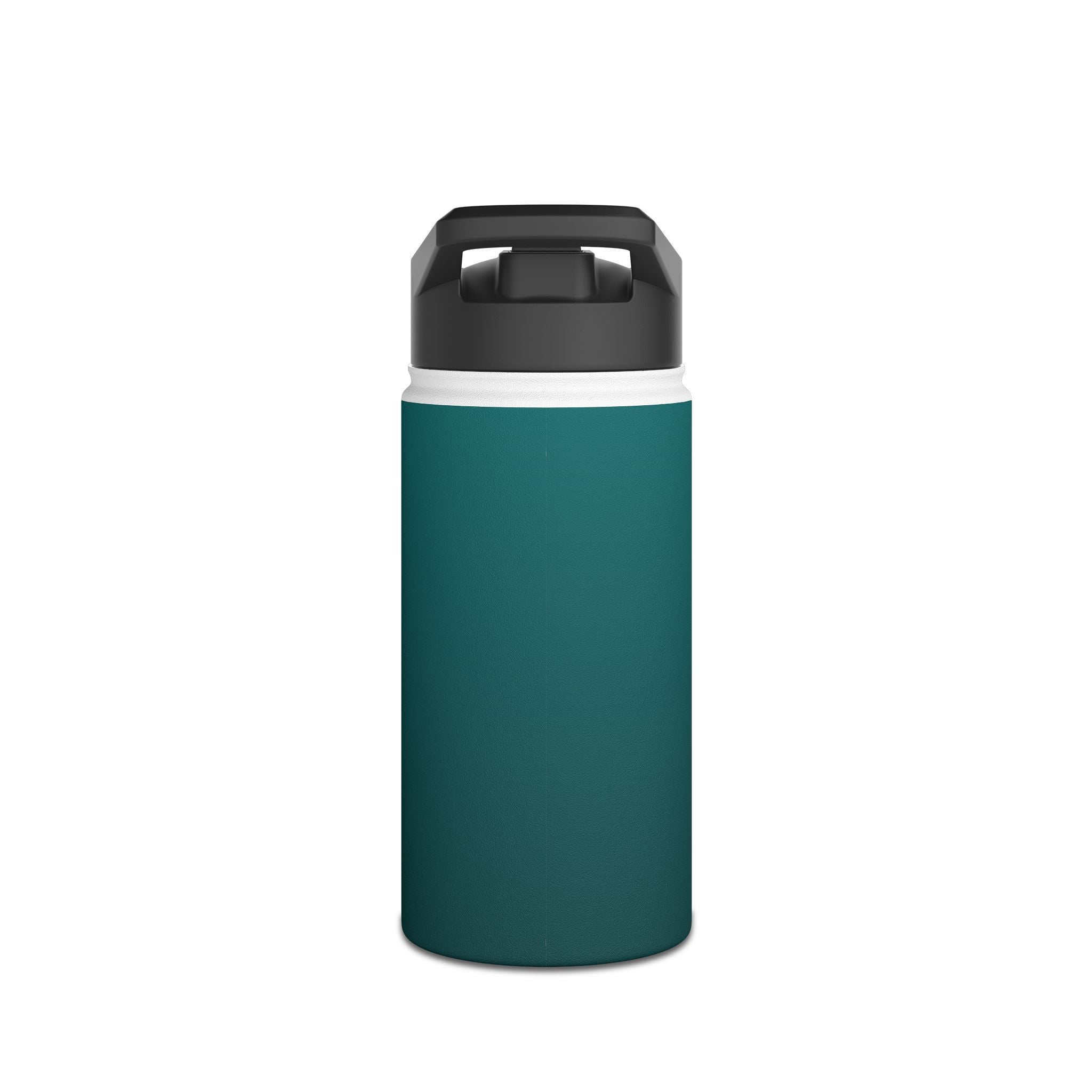 Deep teal matte stainless steel water bottle showing black lid from the front.