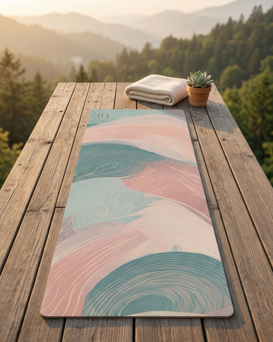 Yoga mat laid flat with pastel wave pattern in teal and pink across the length