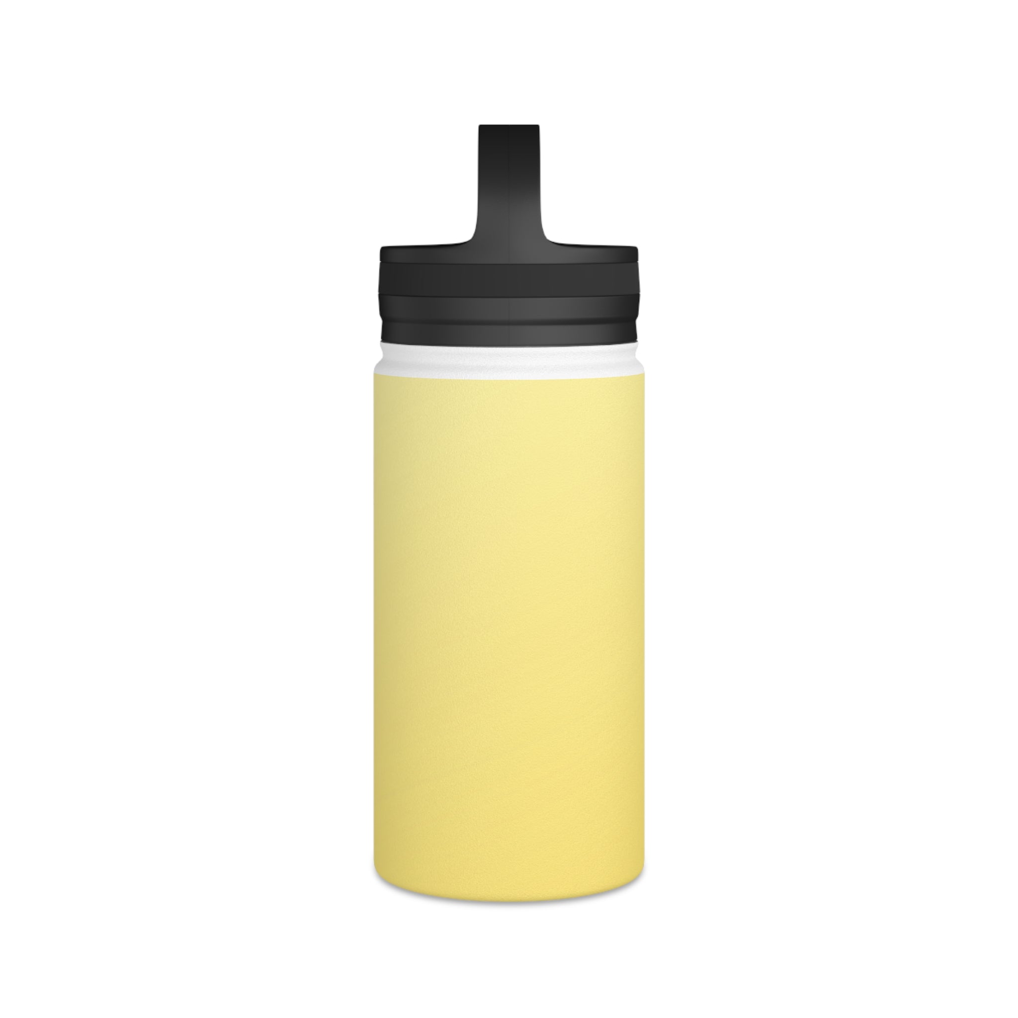 Insulated water bottle, lemon yellow body with black top and rim