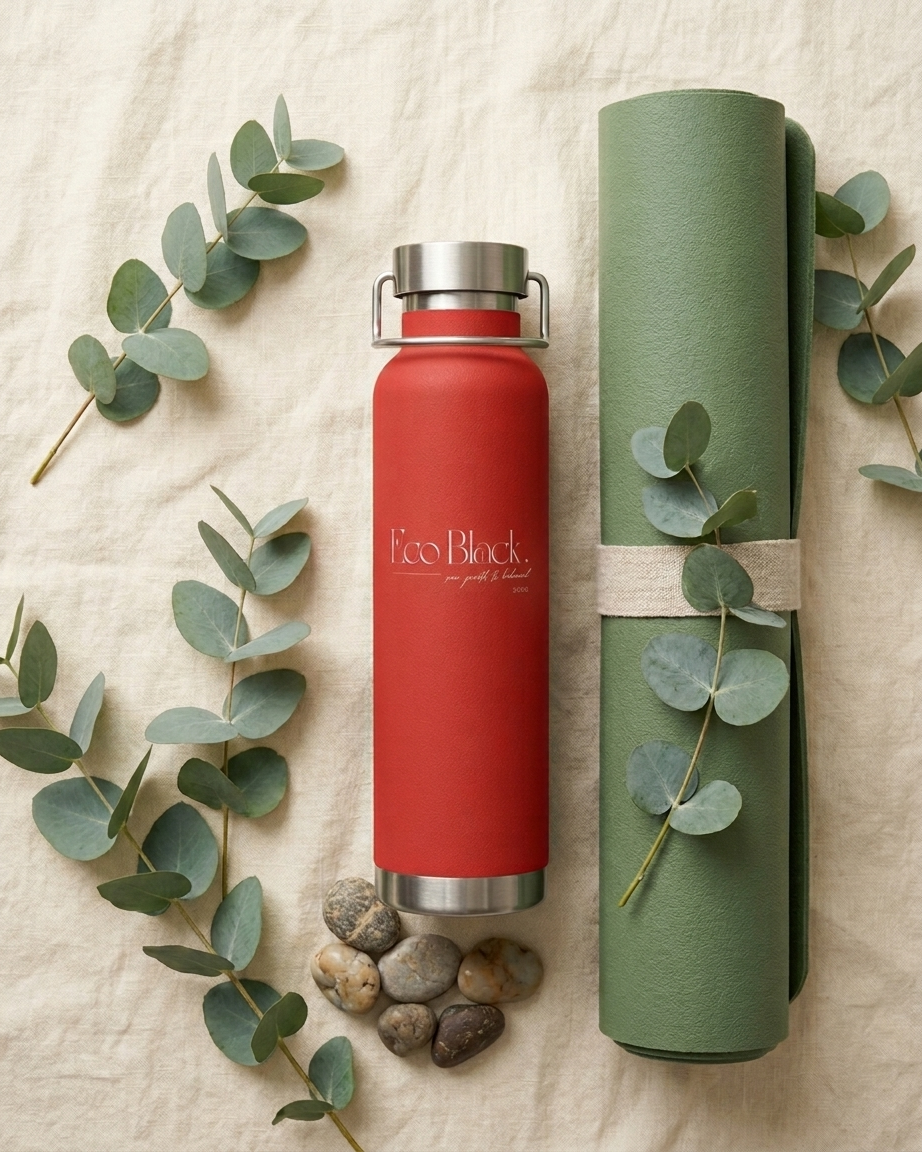 Red water bottle and green yoga mat with eucalyptus leaves on a beige surface