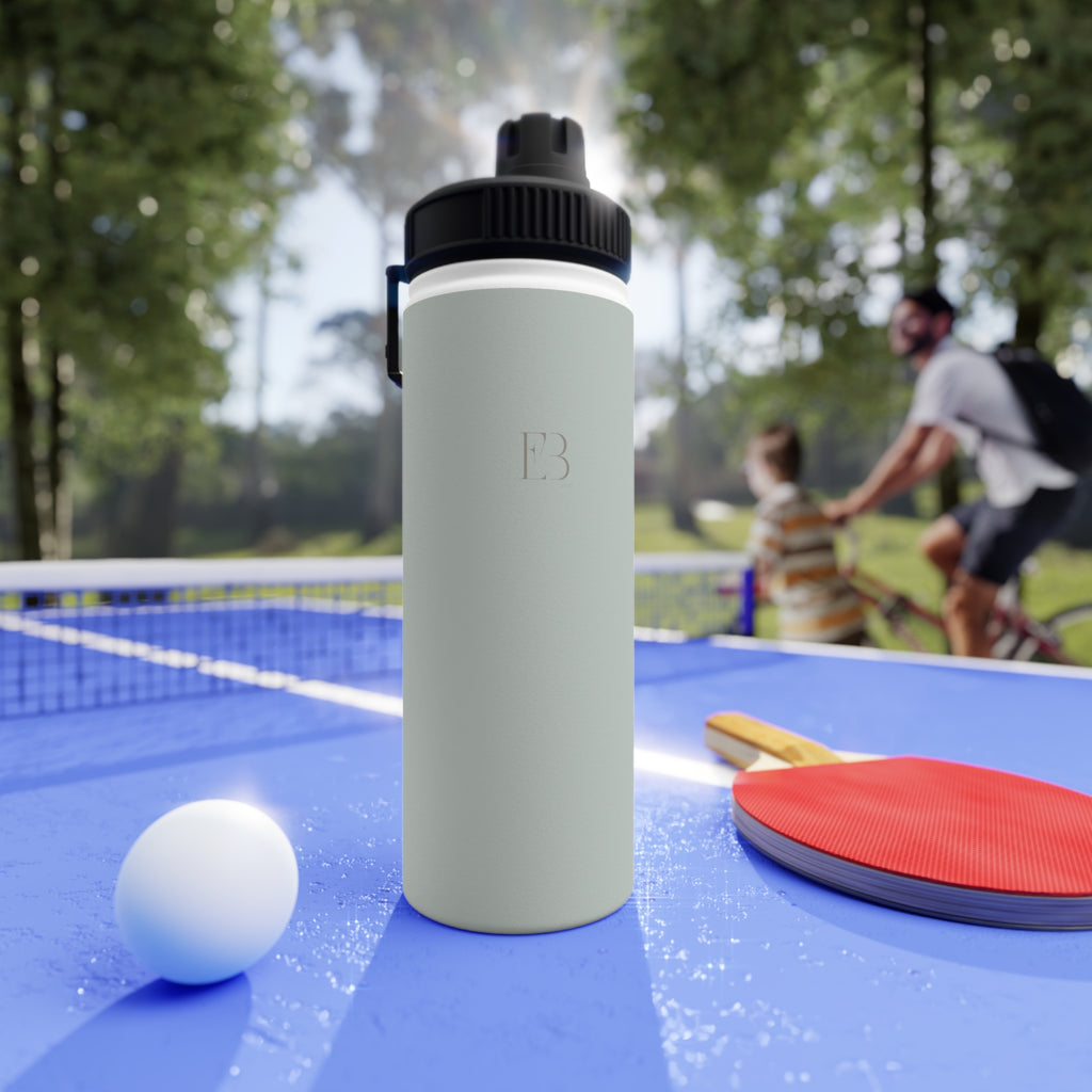 Sage insulated stainless steel water bottle with black sports lid