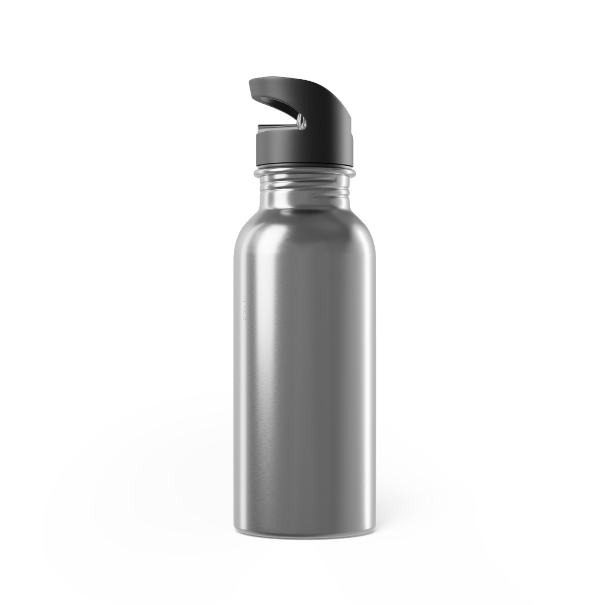 Silver water bottle with a black cap on a white background Eco Black 20oz Stainless Steel Water Bottle with Straw — Durable Travel Hydration Bottle