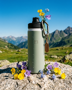 Sage insulated water bottle with black lid and carabiner, embossed EB logo