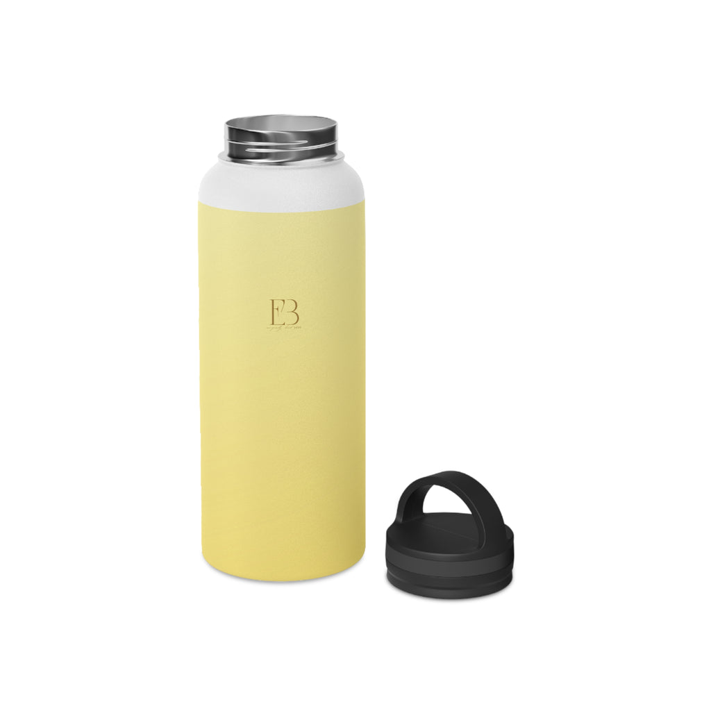 Lemon yellow insulated water bottle with stainless top and separate black handle base.