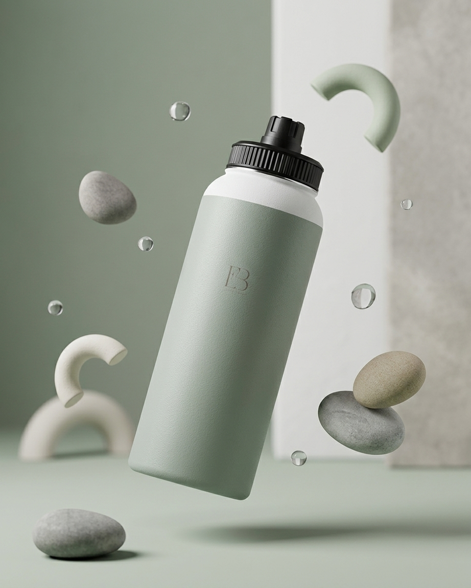 Sage insulated stainless steel water bottle with black threaded lid, printed E3 logo
