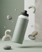 Sage insulated stainless steel water bottle with black threaded lid, printed E3 logo