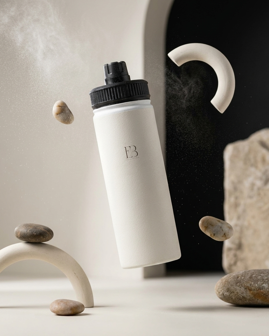 A matte white water bottle with a black cap floating in a styled studio scene with smooth stones and ceramic arches. The bottle has a small monogram logo 'EB' on the front.