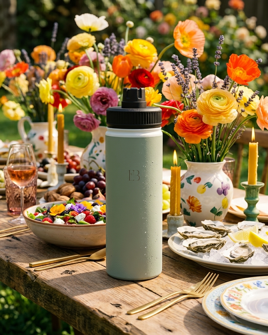 Sage insulated water bottle with black lid on table, embossed EB logo