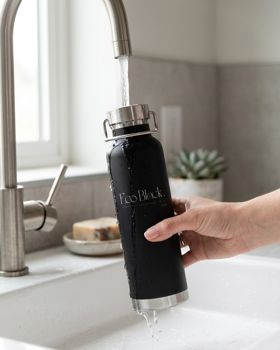 Person filling a black water bottle labeled 'EcoBlack' with water from a faucet.