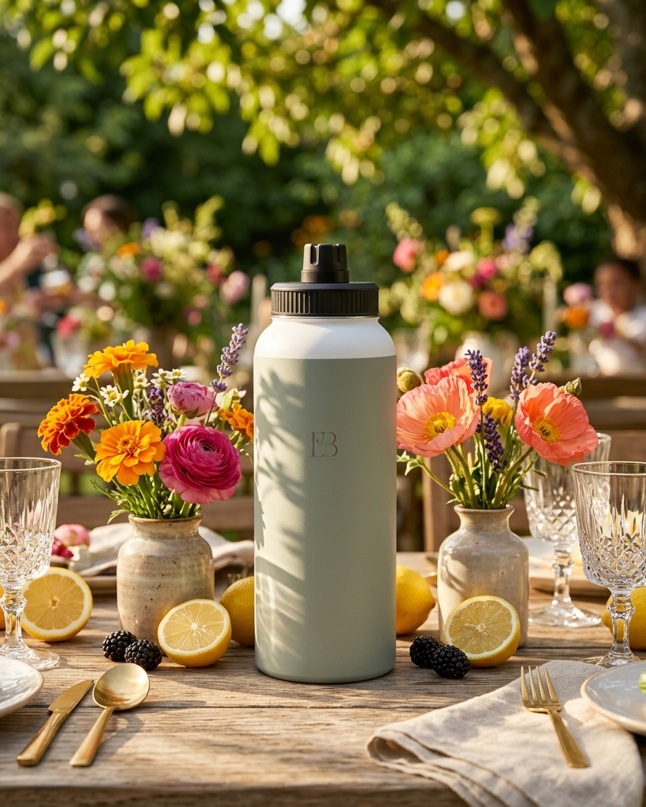 Sage insulated water bottle with black lid on outdoor table, embossed EB logo