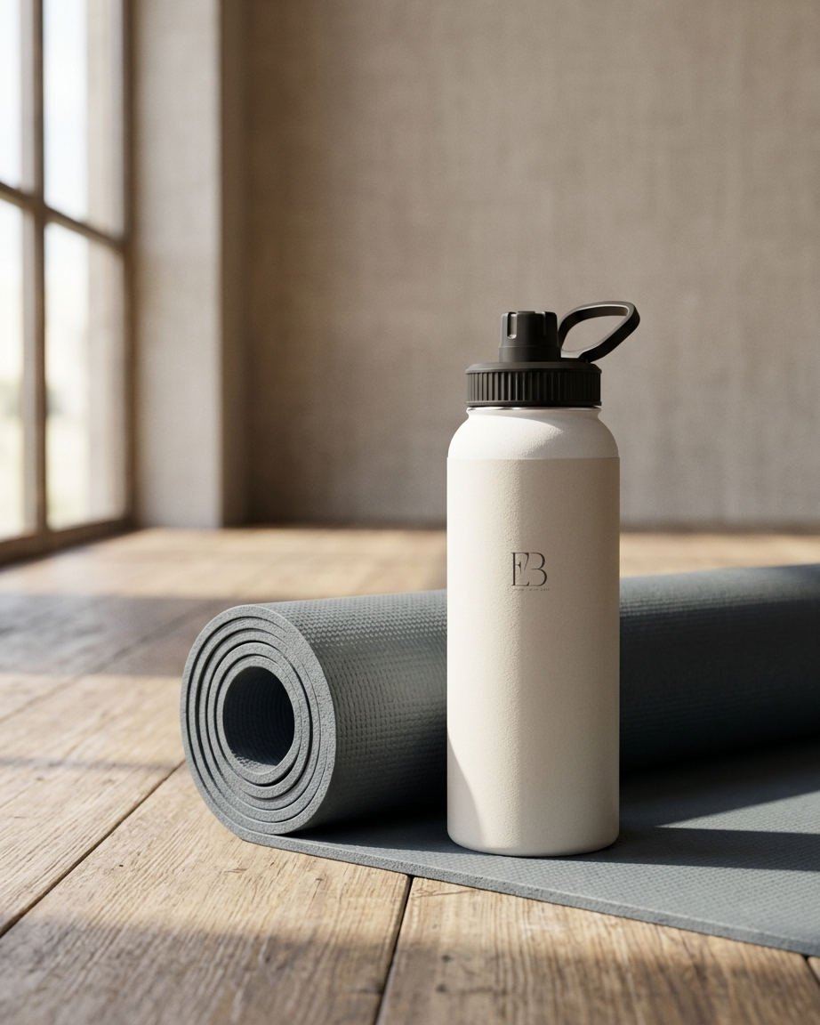 A matte off-white reusable water bottle with a black cap and loop handle, standing on a yoga mat next to a rolled-up gray yoga mat on a wooden floor in a sunlit room.
