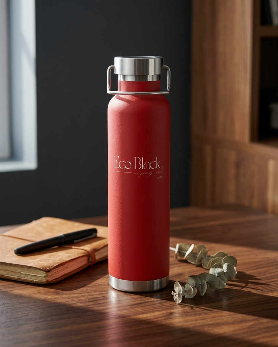 Red insulated bottle with silver cap on a wooden surface, featuring 'Eco Block' branding.