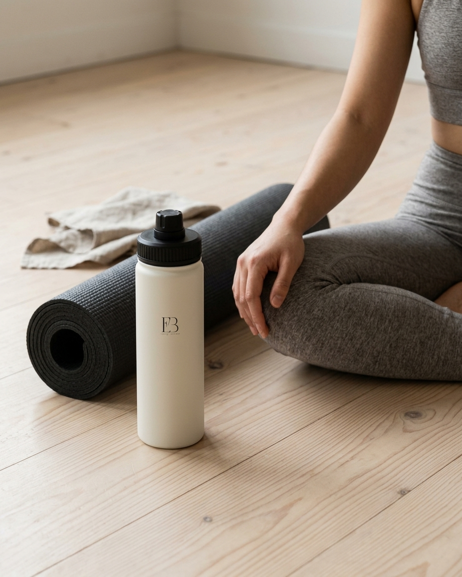 A white water bottle with a black cap and a monogram logo 'B3' sits on a light wood floor next to a rolled black yoga mat and a seated woman in gray athletic wear.