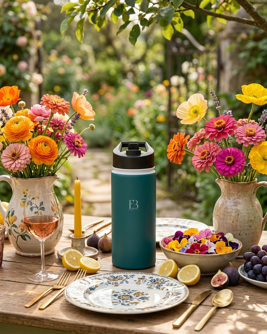 A teal insulated travel tumbler with a black lid and a white monogram letter 'B' stands on a rustic wooden table outdoors. The setting is a lush garden with colorful flower arrangements in ceramic pitchers, plates, lemons, figs, and a wine glass, creating a vibrant picnic-style scene.
