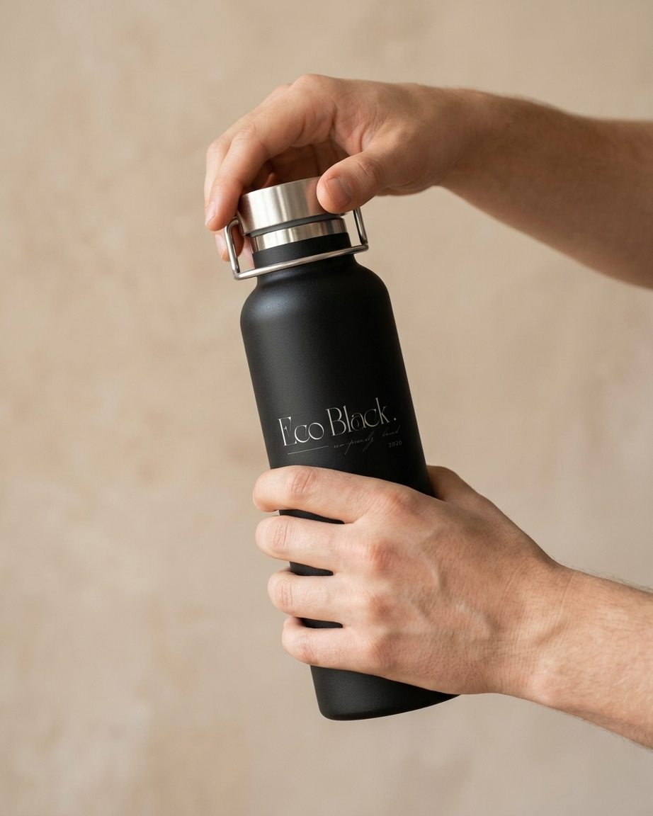 Person holding a black water bottle with 'Fro Black' branding against a beige background