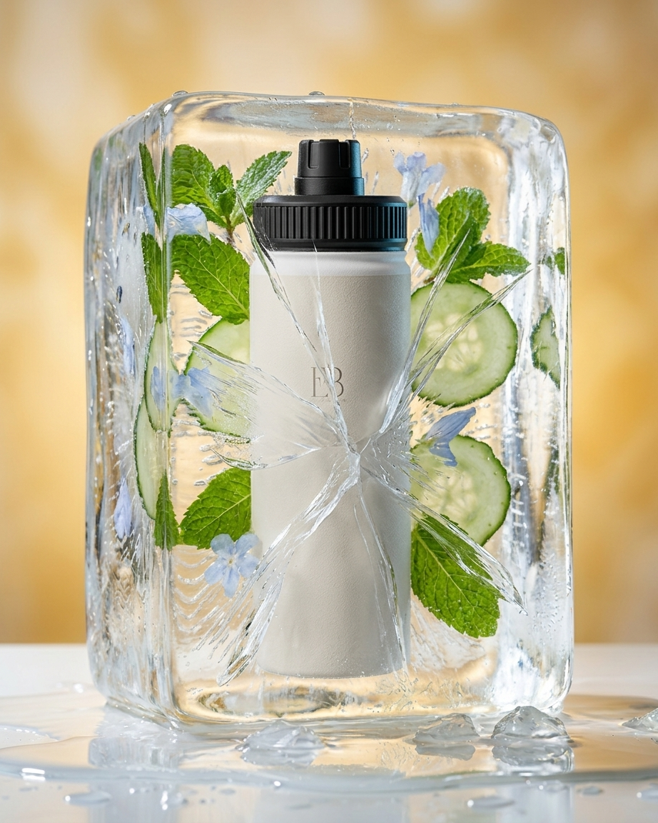 A white cosmetic bottle with a black cap, partially embedded inside a clear ice block with mint leaves, cucumber slices, and small blue flowers. The background is a soft warm golden gradient.