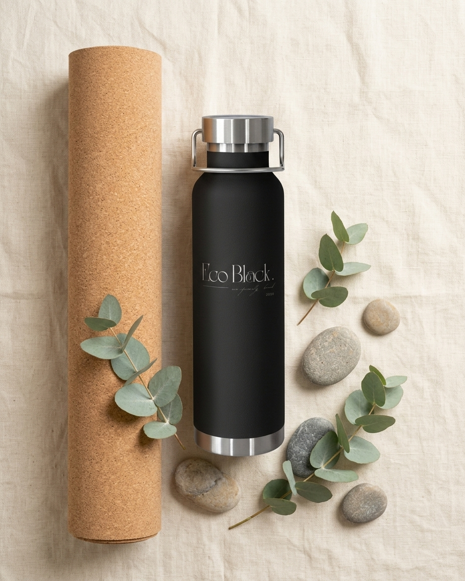 Black insulated bottle with cork mat and eucalyptus leaves on a textured surface