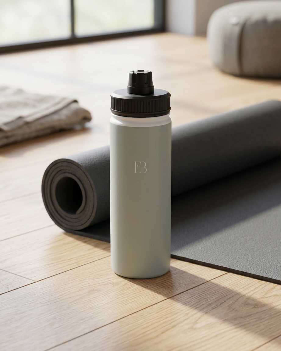 Sage insulated water bottle with black lid standing on yoga mat, embossed EB logo