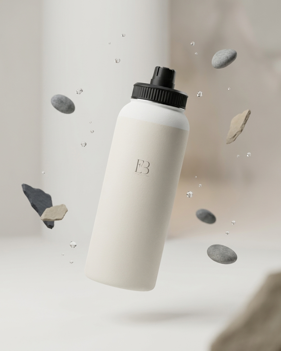 A matte off-white water bottle with a black cap, floating in a clean studio setting with floating stones and water droplets. The bottle features a debossed monogram logo 'B3'.