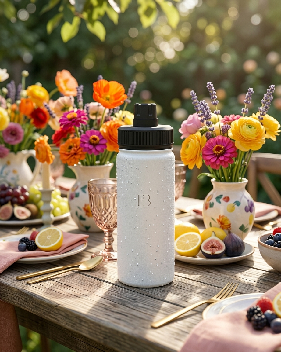 A white insulated water bottle with a black cap stands on a wooden outdoor table surrounded by colorful flowers, plates, cut lemons, and dining accessories. The bottle has a subtle condensation texture and a monogram logo on the front.