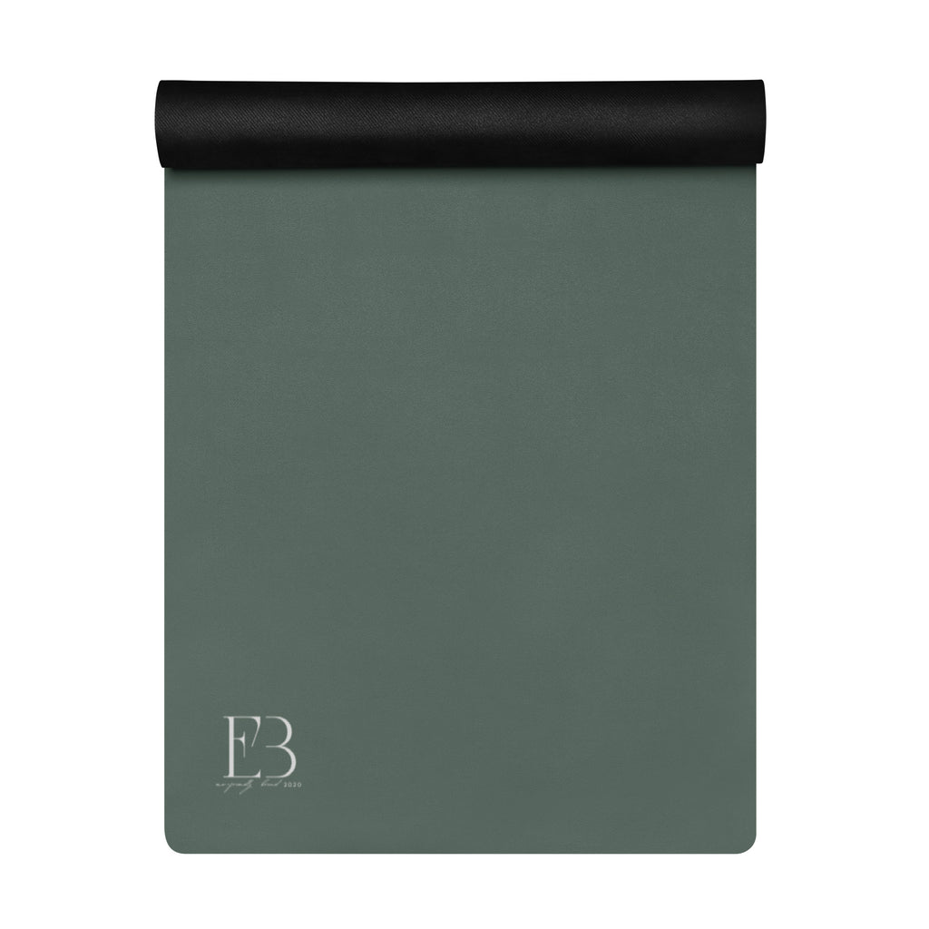 Rolled cypress green yoga mat with a dark cap at one end and logo mark.