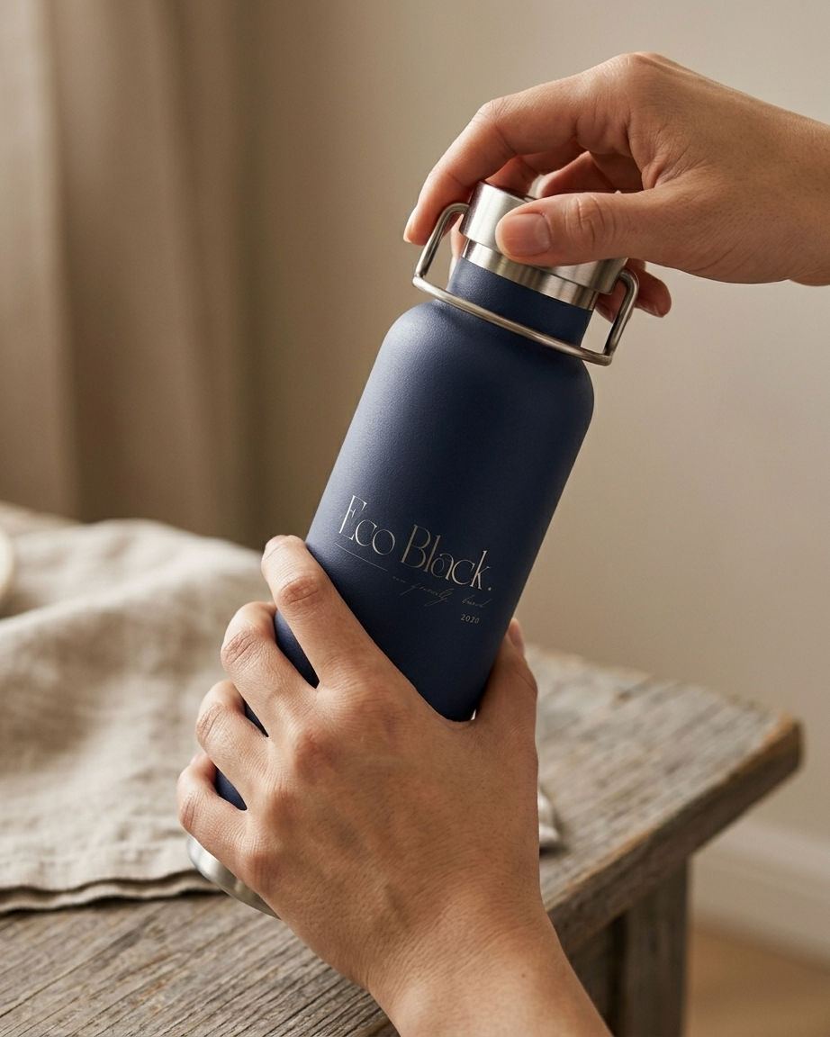 Person holding a navy blue water bottle with 'FEO BLACK' branding on a wooden surface.
